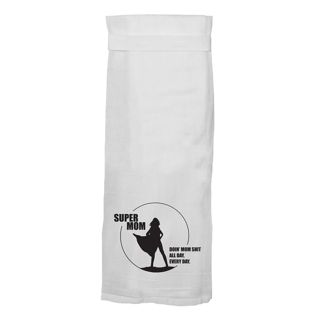 Super Mom.  Hang Tight Cotton Towel with pull through loop - by Twisted Wares