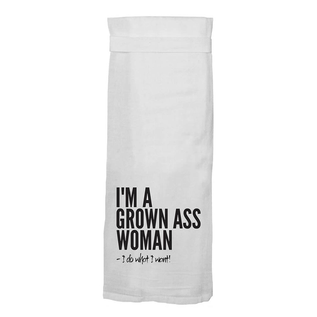Grown Ass Woman. Hang Tight Cotton Towel with pull through loop - by Twisted Wares