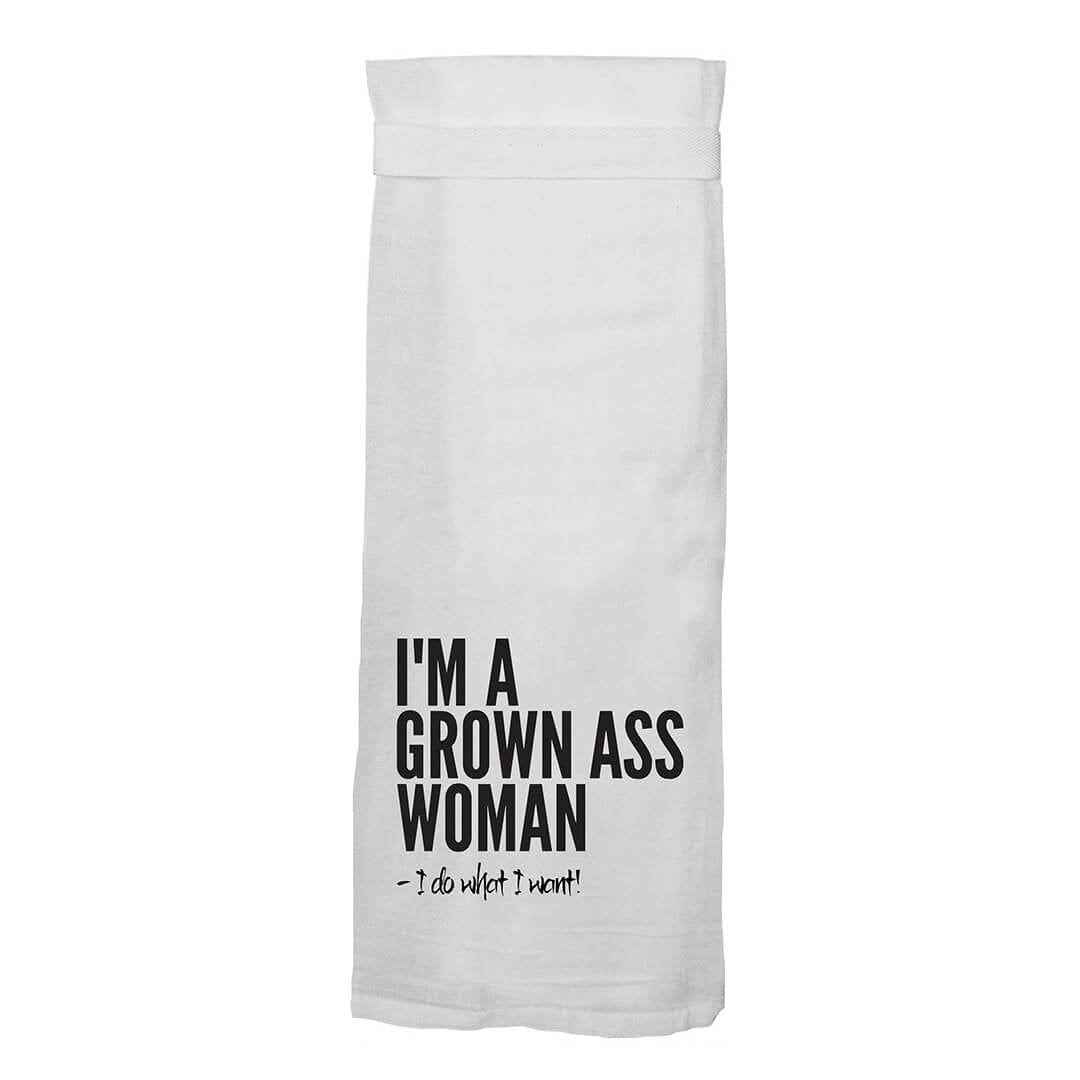 Grown Ass Woman. Hang Tight Cotton Towel with pull through loop - by Twisted Wares