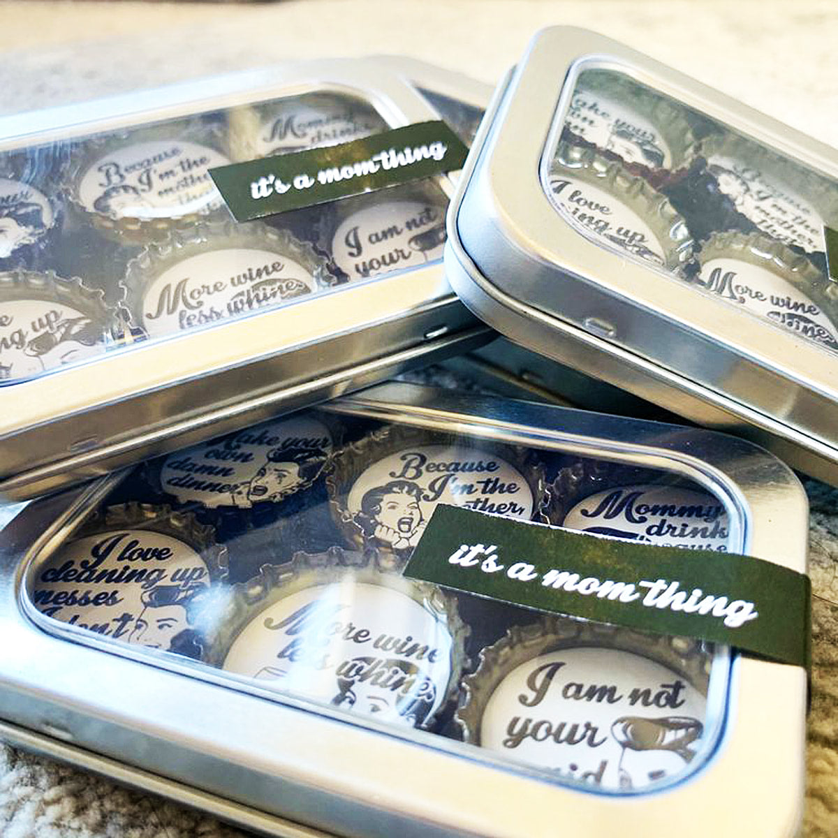 It's a Mom Thing - 6 unique bottle cap magnet set in tin.
