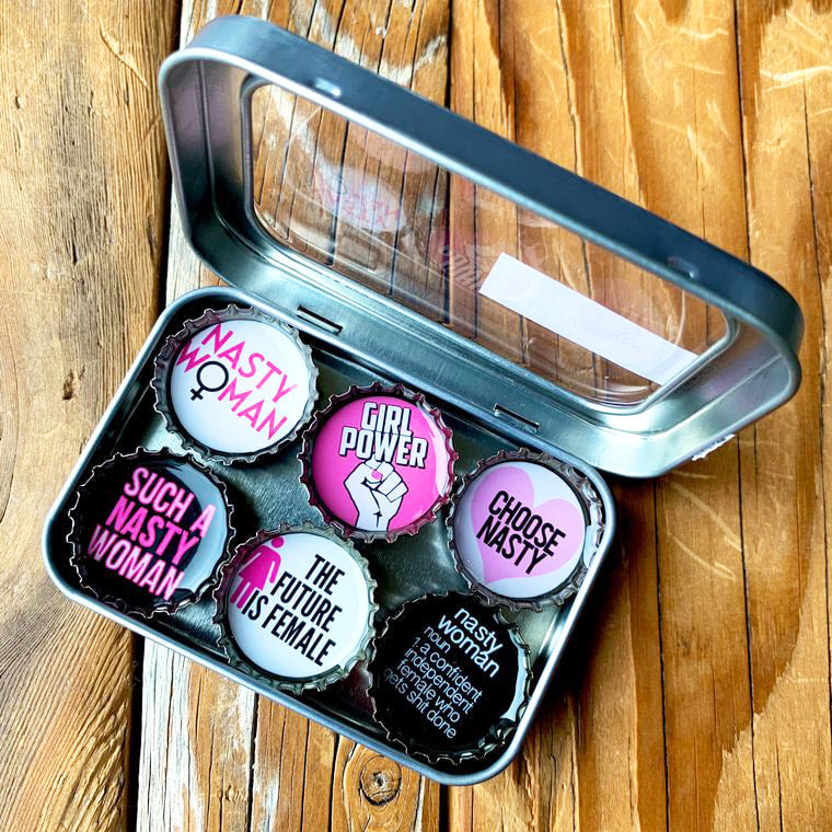 Nasty Woman - 6 unique bottle cap magnet set in tin.
