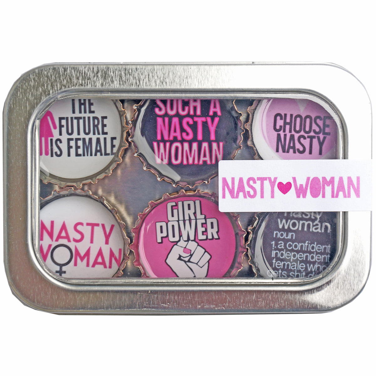Nasty Woman - 6 unique bottle cap magnet set in tin.