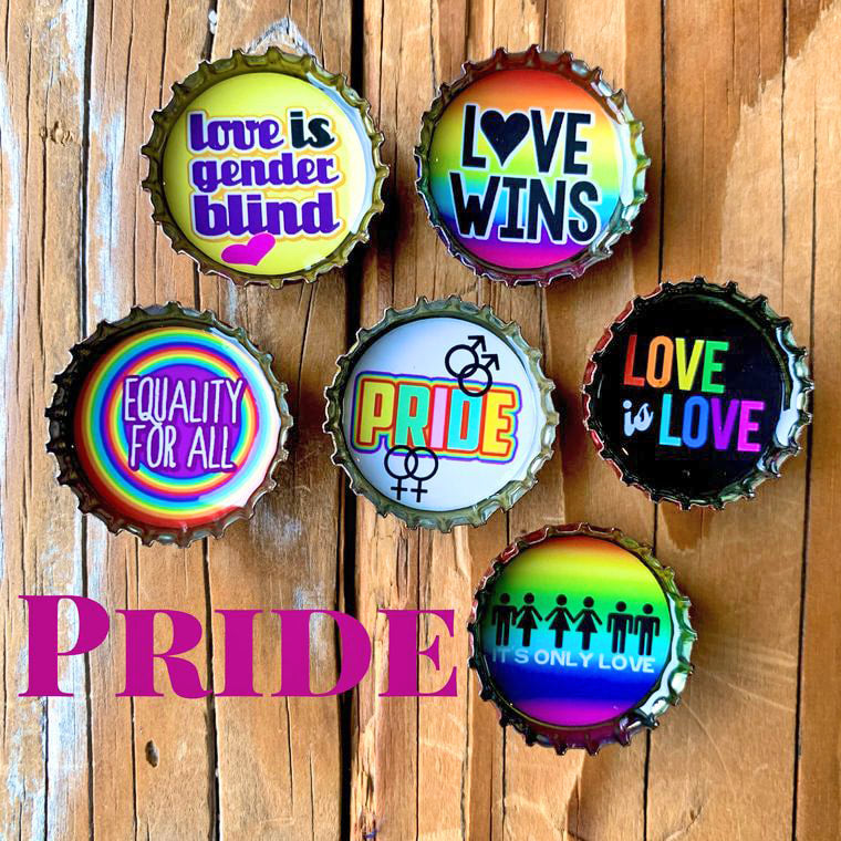 LGBTQ Pride - 6 unique bottle cap magnet set in tin