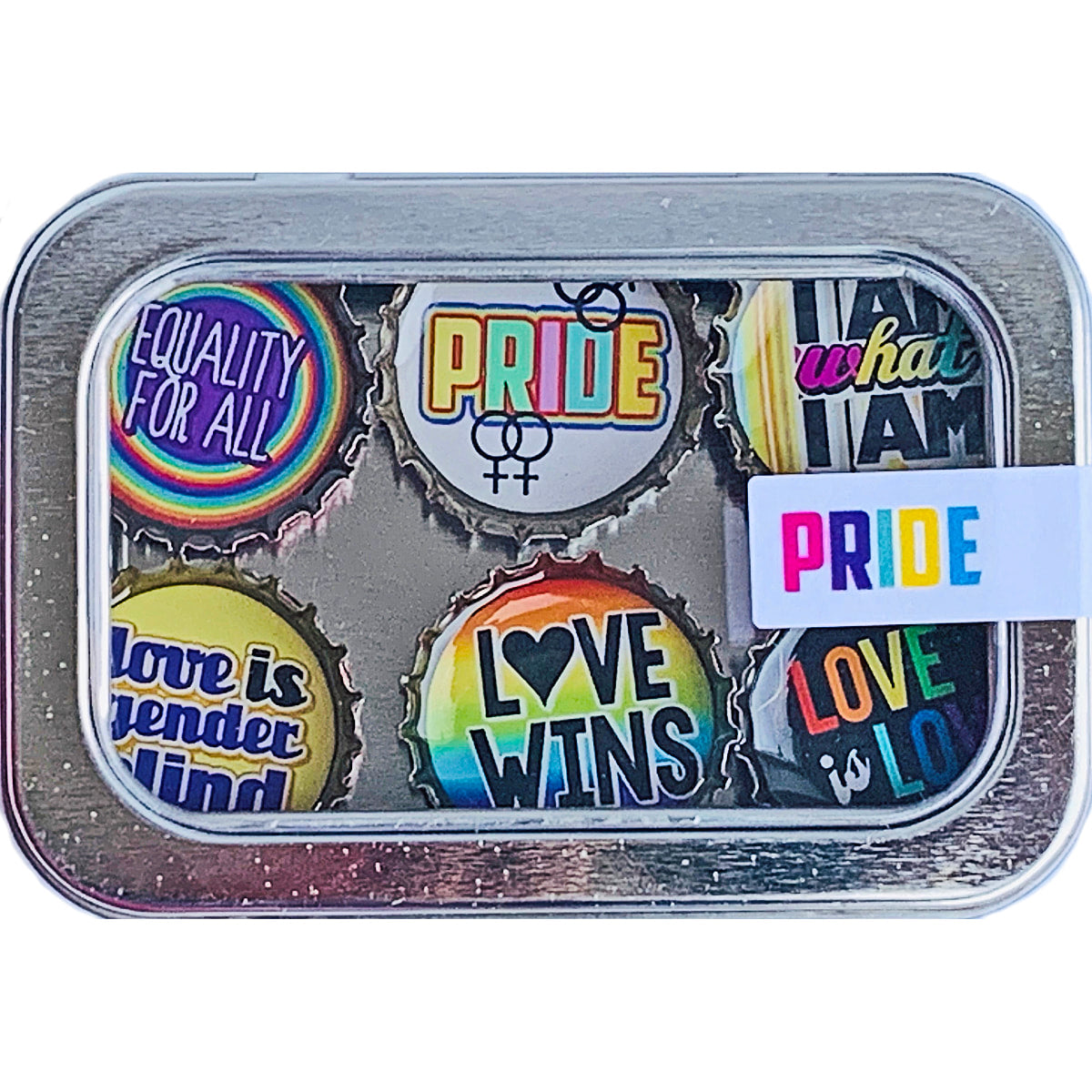 LGBTQ Pride - 6 unique bottle cap magnet set in tin