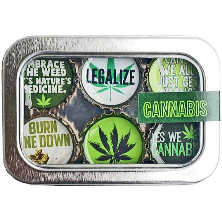 Cannabis Weed - 6 unique bottle cap magnet set in tin