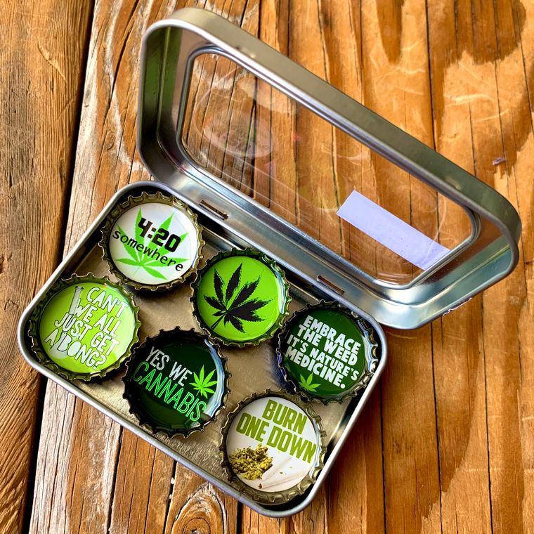 Cannabis Weed - 6 unique bottle cap magnet set in tin