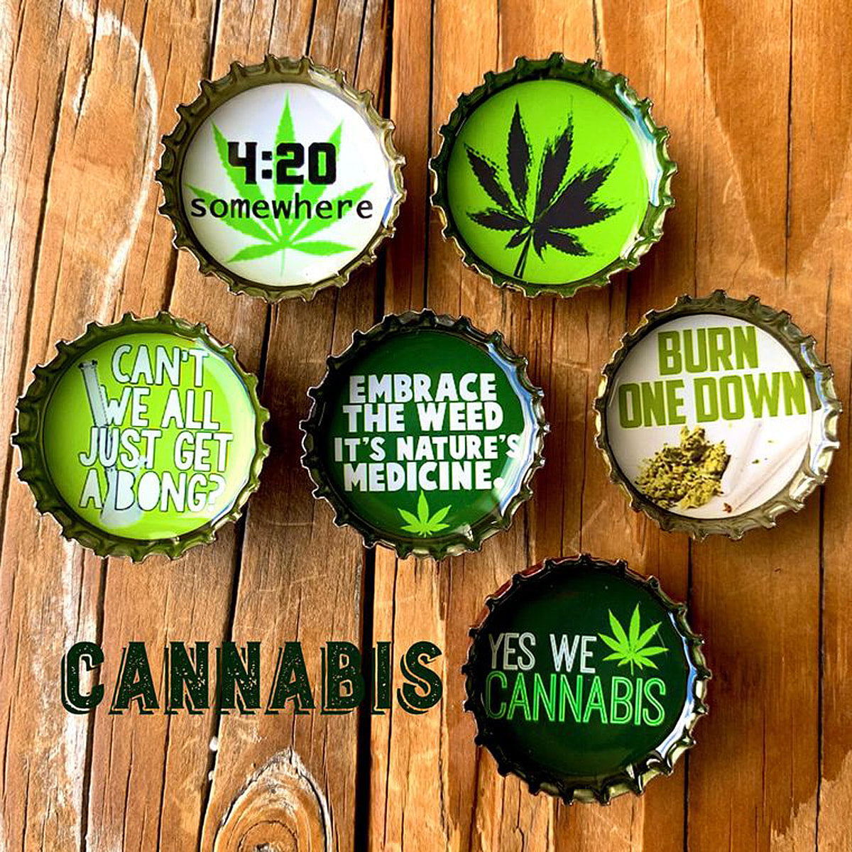 Cannabis Weed - 6 unique bottle cap magnet set in tin