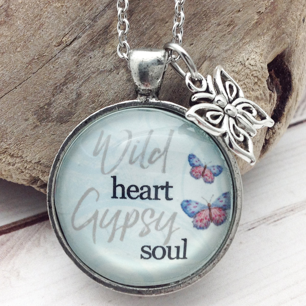 Wild Heart Gypsy Soul Butterfly Pewter Pendant Necklace