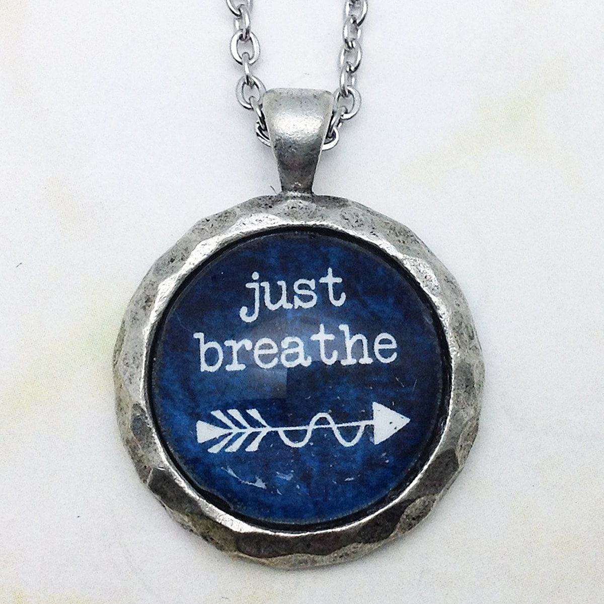 just breathe Hammered Edge Pewter Pendant Necklace