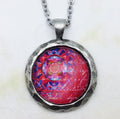 Red Mandala Hammered Edge Pewter Pendant Necklace
