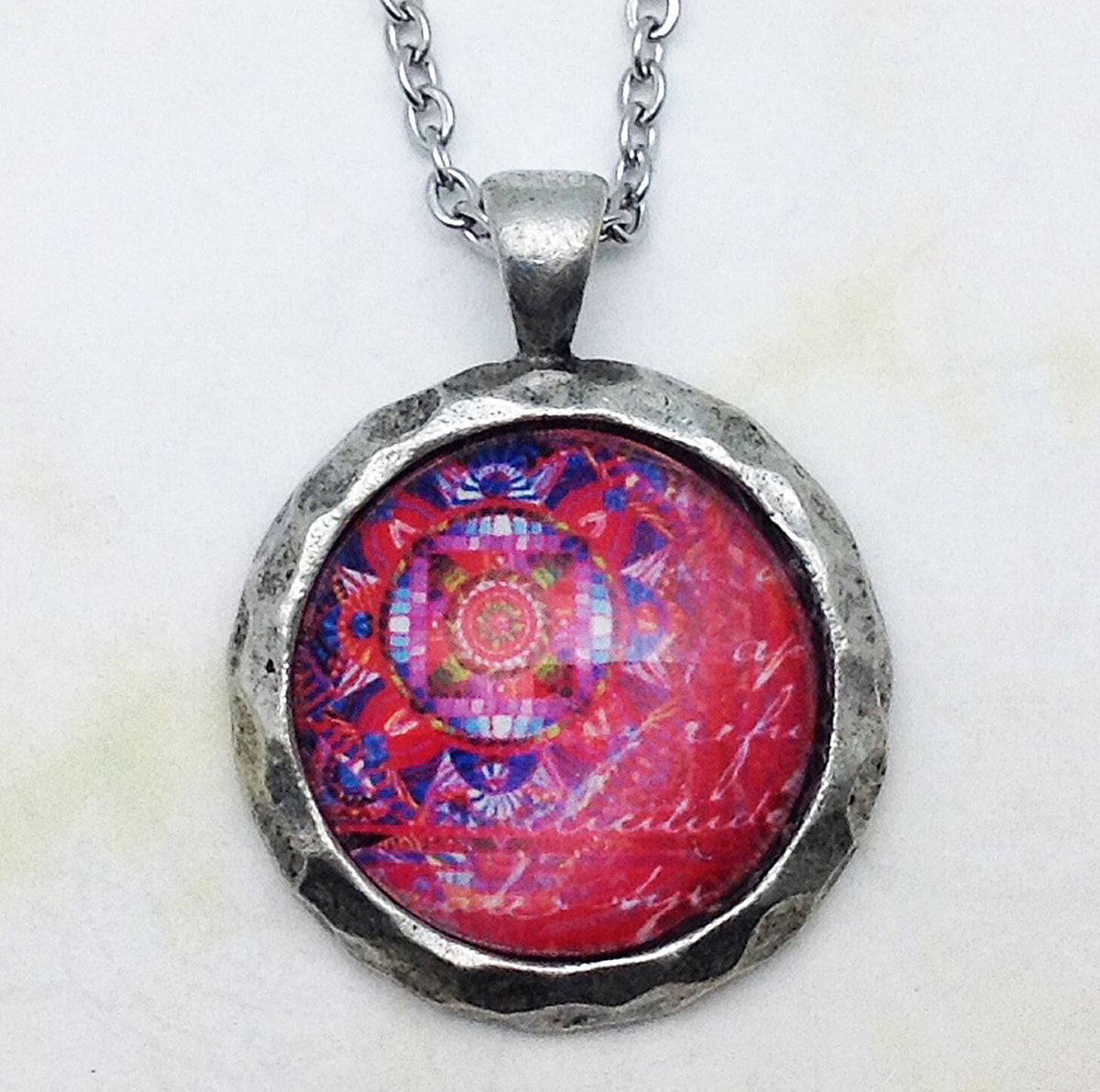 Red Mandala Hammered Edge Pewter Pendant Necklace