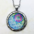 Blue Mandala Hammered Edge Pewter Pendant Necklace