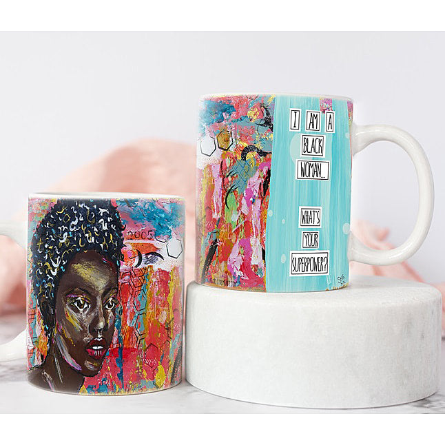 I am a black woman.  What is Your Superpower? - feminist artist design 15 ounce mug