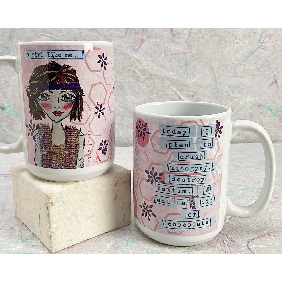crush misogyny, destroy sexism, eat chocolate -feminist artist design ceramic 15 ounce mug