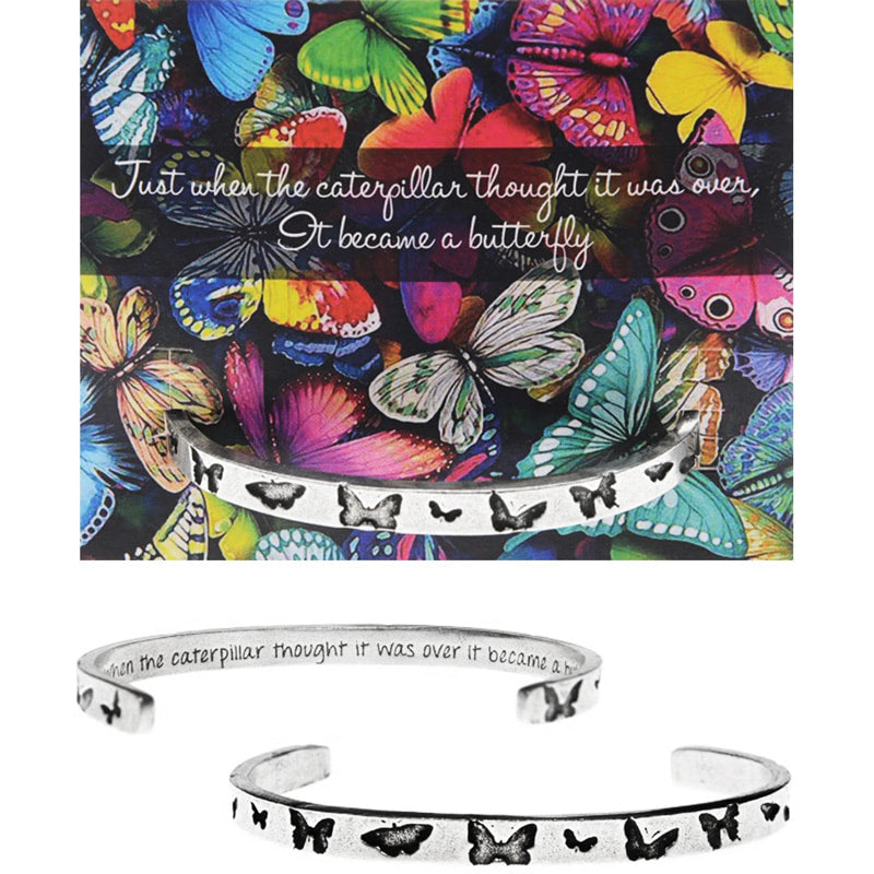 Caterpillar and butterfly - handcrafted recycled lead-free pewter adjustable cuff bracelets