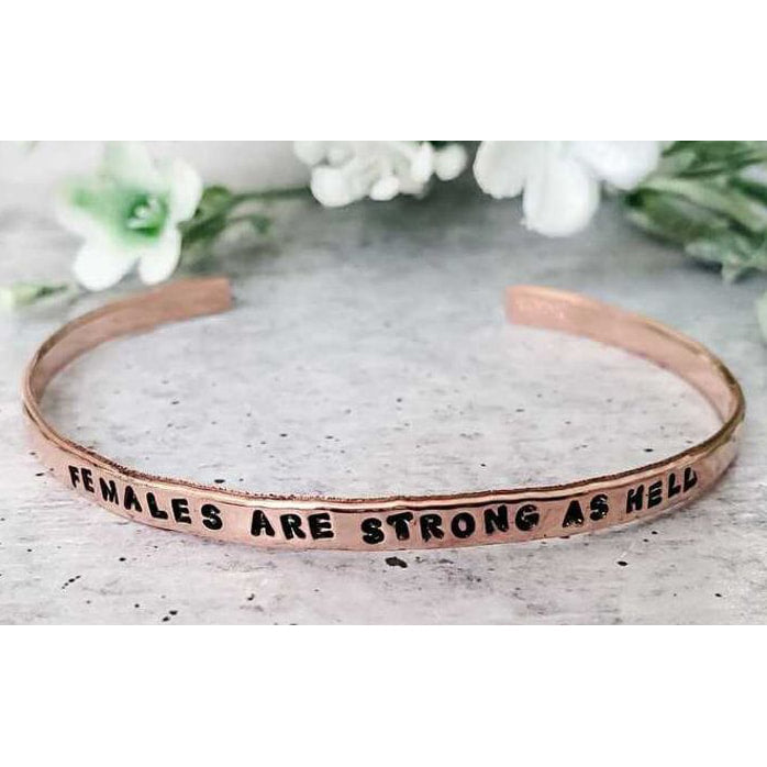 Females Are Strong as Hell handcrafted pink copper SKINNY adjustable stacking cuff vegan ink stamped