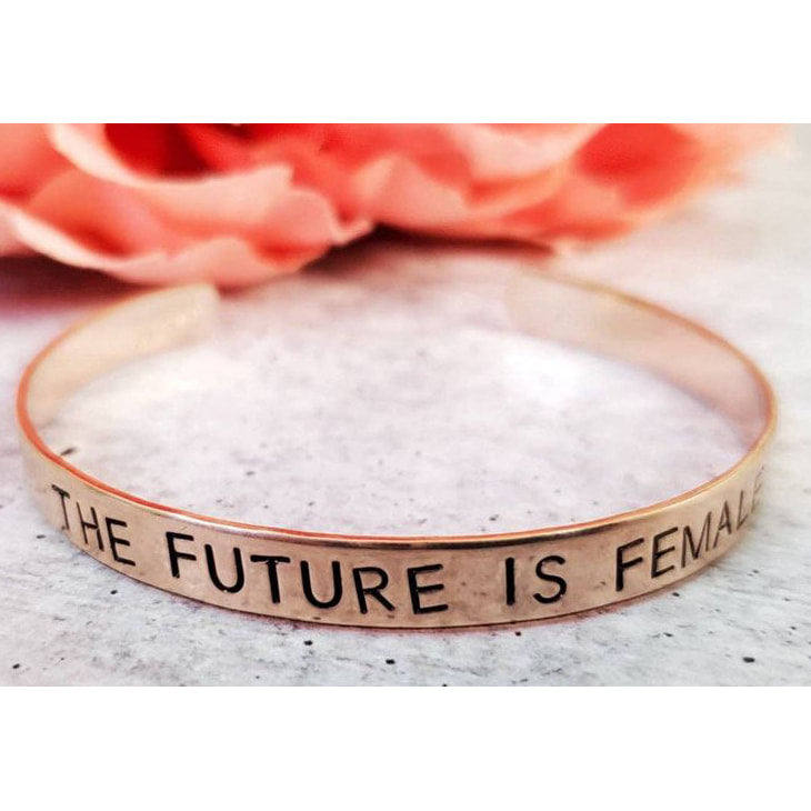 The Future is Female handcrafted pink copper adjustable stacking cuff vegan ink