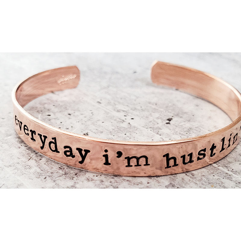 everyday i'm hustlin' pink copper adjustable stacking cuff vegan ink stamped