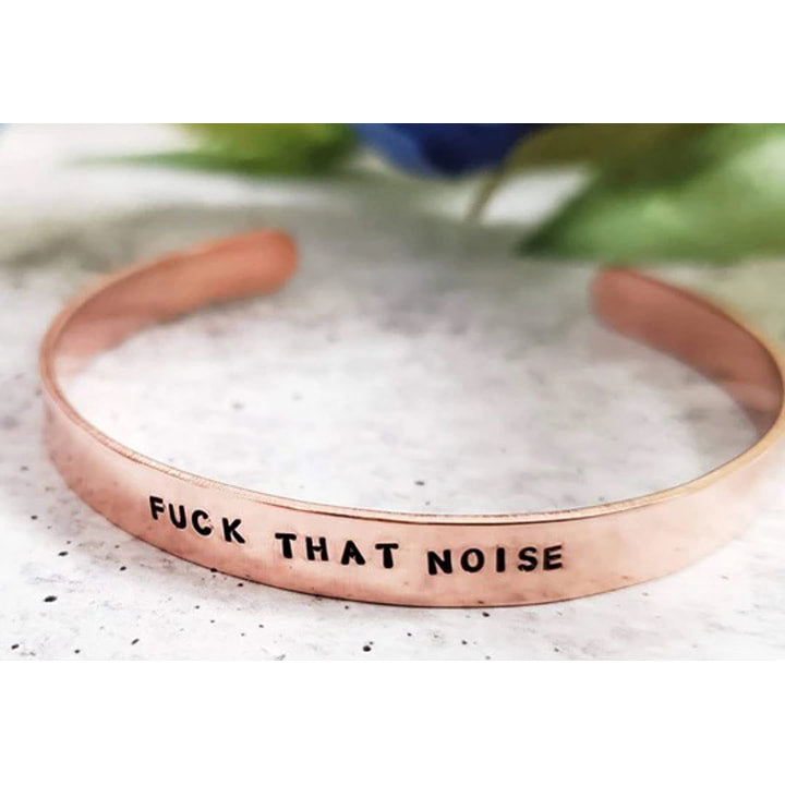 FUCK THAT NOISE handcrafted pink copper stacking adjustable cuff vegan ink