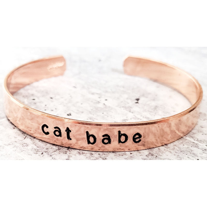 cat babe handcrafted pink copper adjustable stacking cuff vegan ink stamped