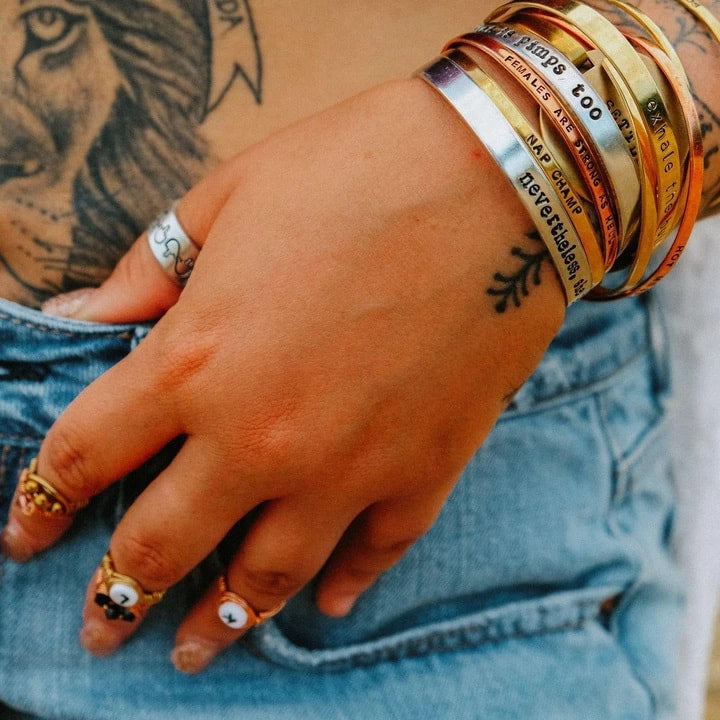 do epic shit handcrafted pink copper adjustable stacking cuff vegan ink stamped