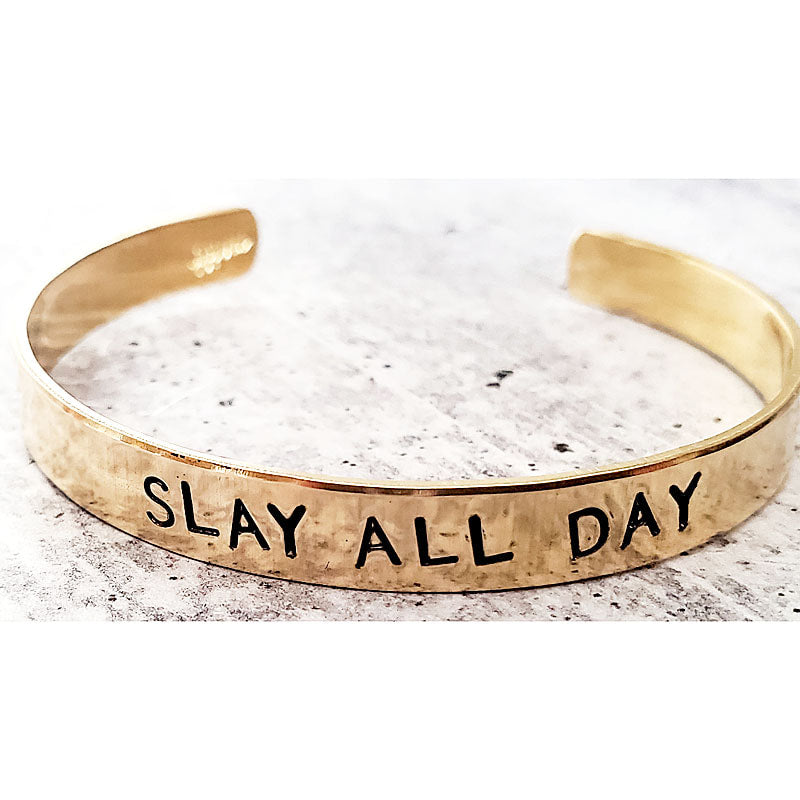 SLAY ALL DAY handcrafted yellow brass adjustable stacking cuff vegan ink