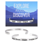 Explore Dream Create Imagine Discover - recycled lead-free pewter adjustable cuff bracelets