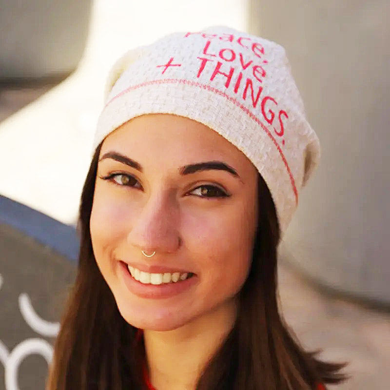 Peace, Love & THINGS enriched with gold lurex Women's Beanie Cap. FF