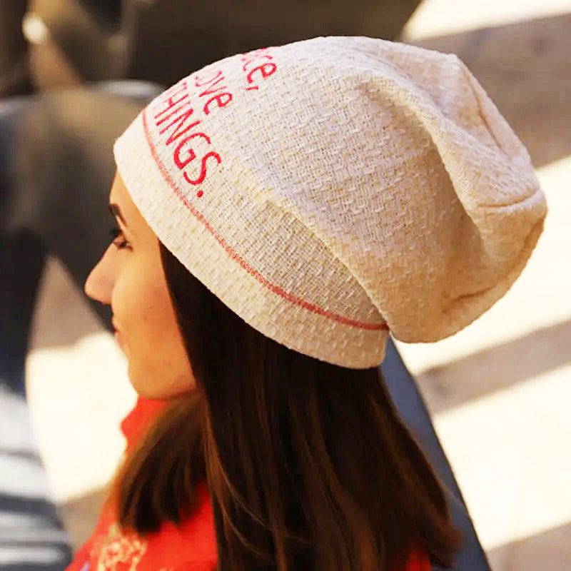 Peace, Love & THINGS enriched with gold lurex Women's Beanie Cap. FF