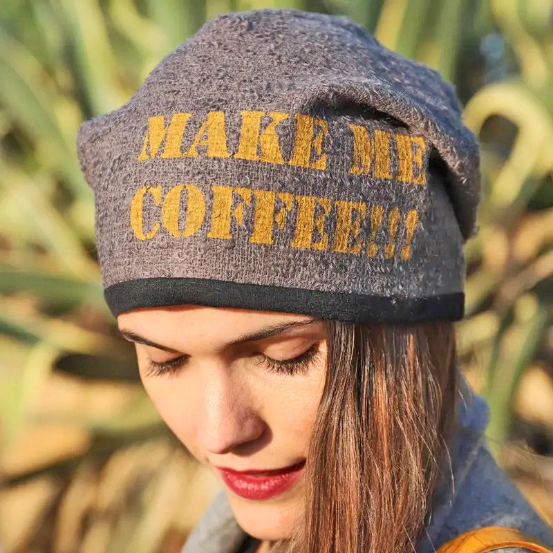 Make Me Coffee!!! In Fine Wool, Lined In Bamboo / Viscose  - Beanie. FF